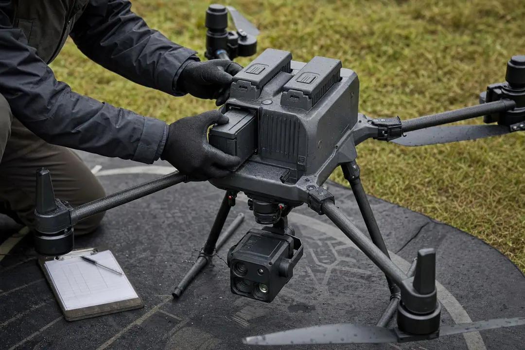 Pilot running pre-flight checks on an enterprise drone