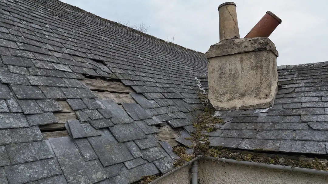 Close-up aerial photo of a slate roof with slipped slates, a cracked chimney and a blocked gutter