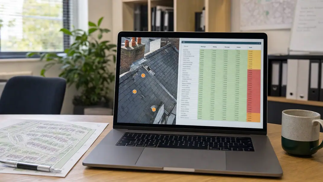 Laptop showing an annotated roof photo beside a condition spreadsheet