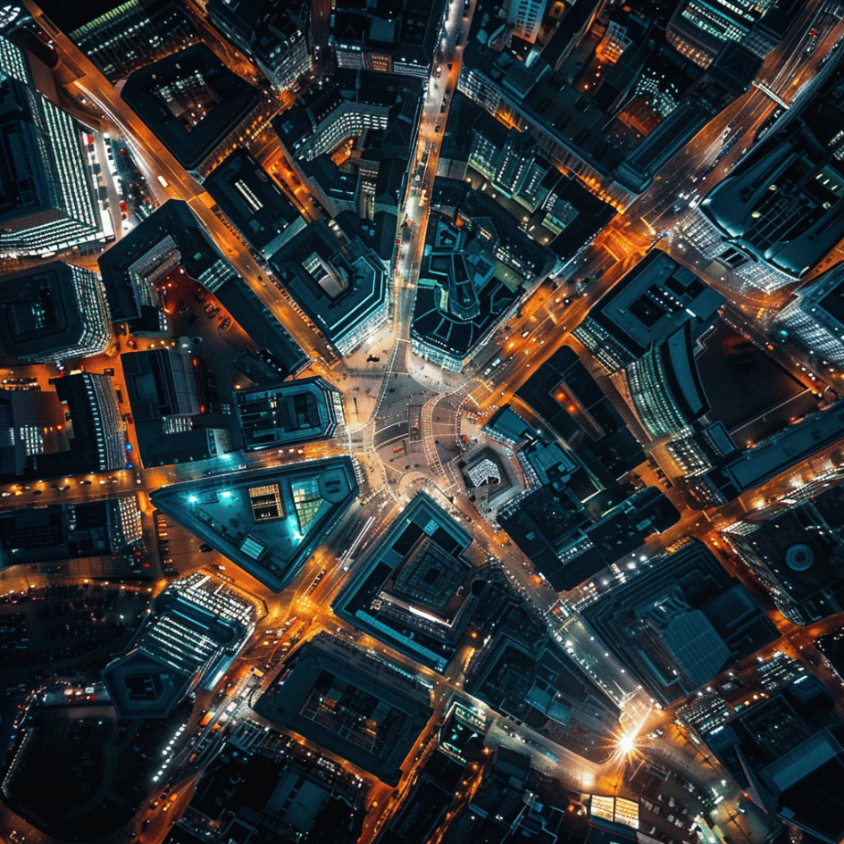 drone over uk city at night